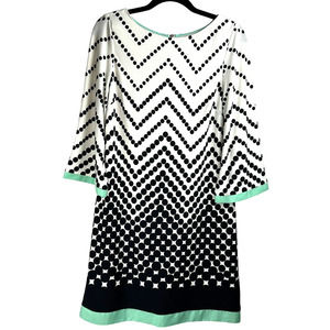 Eliza J Sz 6 Polkadot Chevron Print 3/4 Sleeve Shift Dress Midi Knee Length